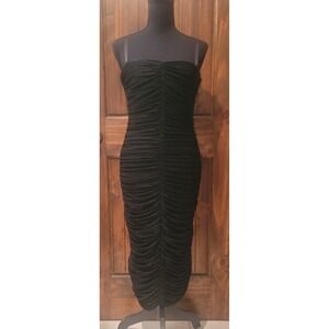 Likely Black Bodycon Dress Ruched Black Night Out Midi Fitted Slit NWT Size 8